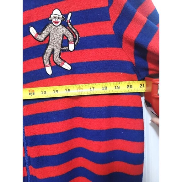 NICK & NORA Adult Sock Monkey Footed Onesie Pajamas Red & Blue Stripes Size L - Picture 10 of 15
